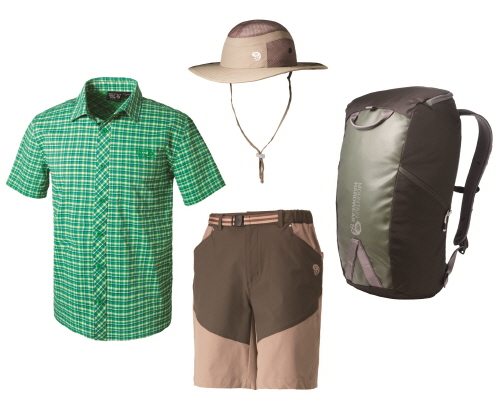 (시계방향)마운틴하드웨어의 케이브 바운드 셔츠/ 래피드 캠프 햇 / 휴에코 20 백팩/ 호라이즌 호프 팬츠 