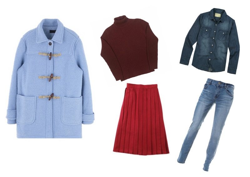 돌고 도는 패션, 90년대 ‘복고 패션’ 따라잡기 1 ⓒ 코트-믹스엑스믹스, 목폴라-까르뜨블랑슈, 주름치마-코인코즈, 청남방-행텐, 청바지-흄